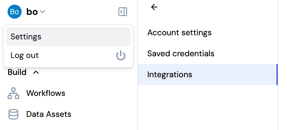Integrations Settings Menu