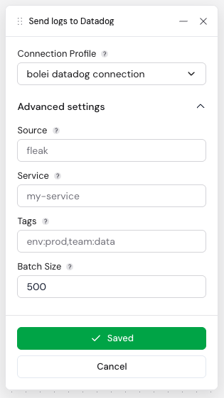 Datadog Logs Sink node configuration