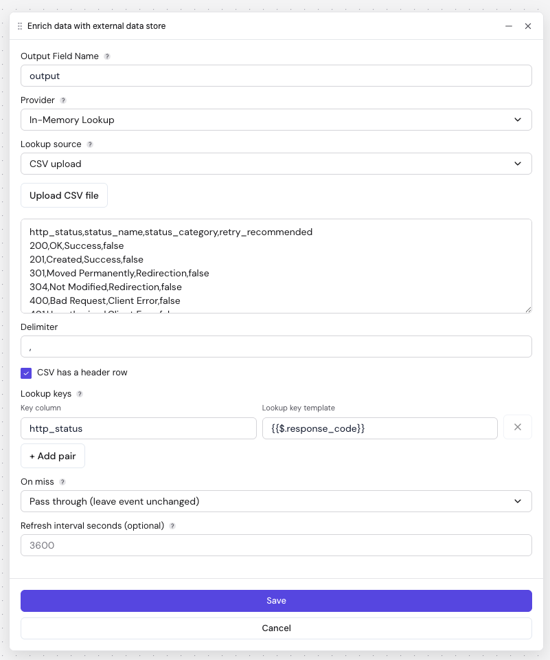 Enrichment node — In-Memory Lookup with CSV upload