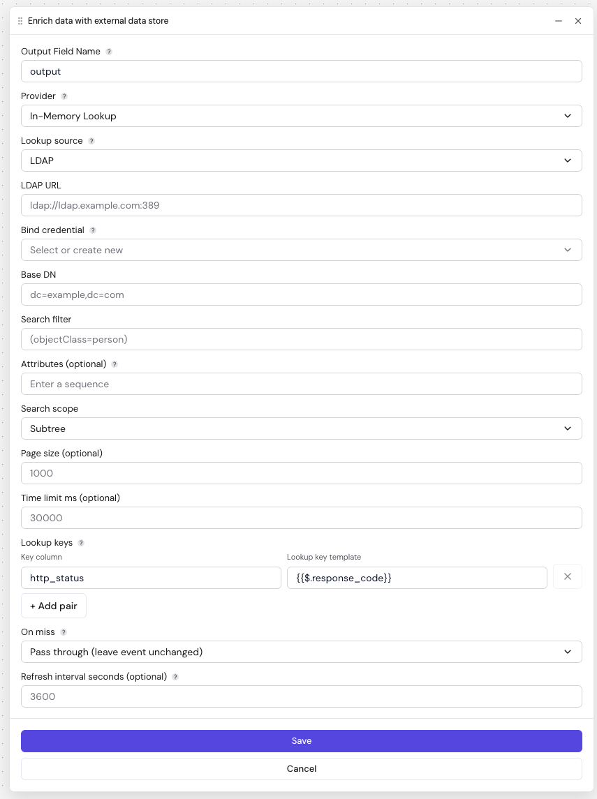 Enrichment node — In-Memory Lookup with LDAP source
