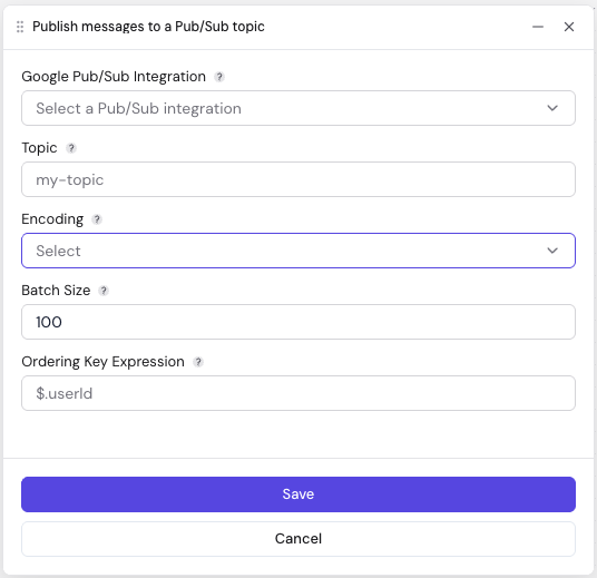 Pub/Sub Sink node configuration