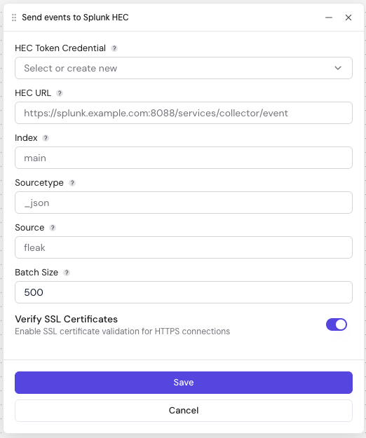 Splunk HEC Sink node configuration